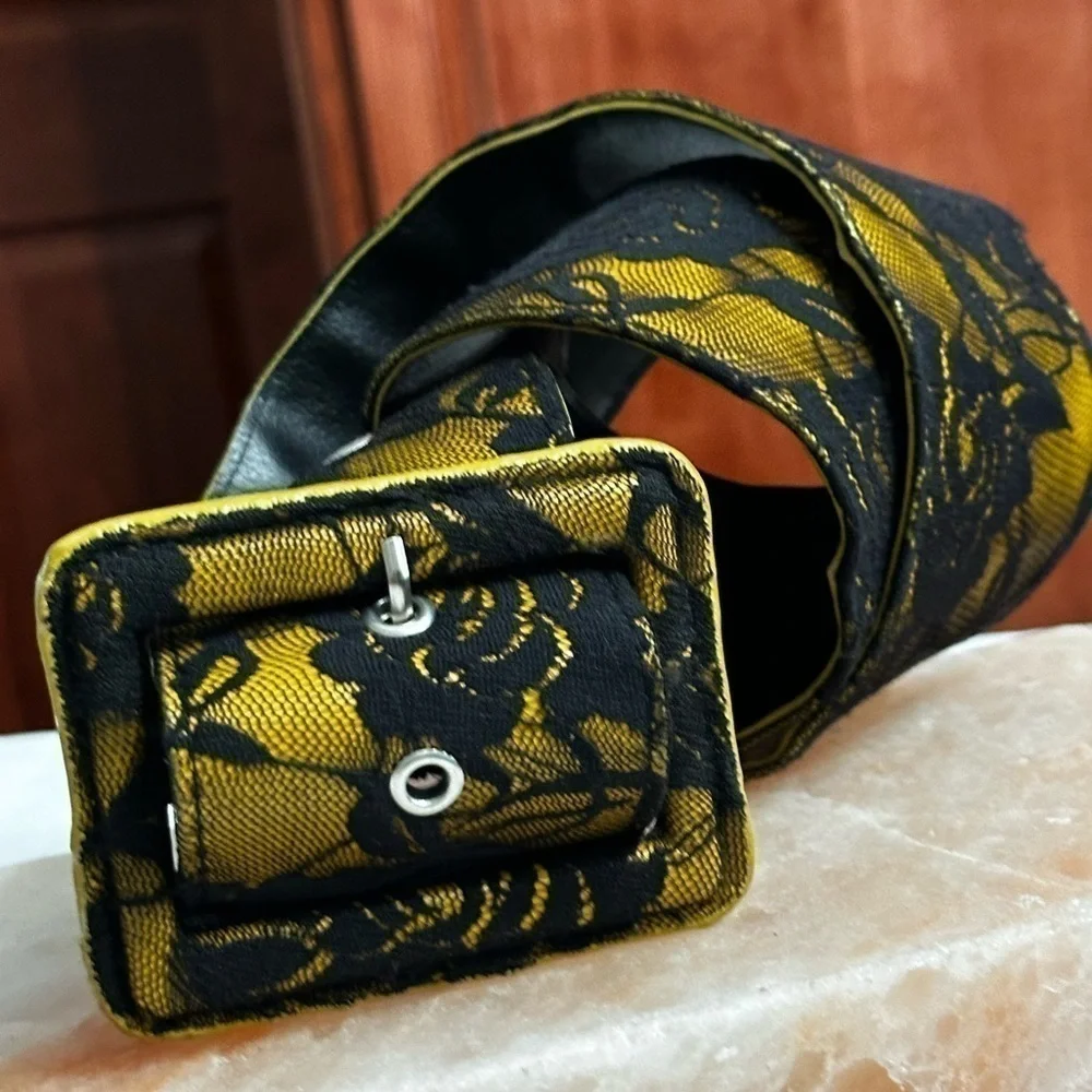Artisan Belt Fabric Gold & Black Floral Lace Wide Faux Leather Boudoir 34